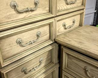 French Country Queen Bedroom Set. Cream with Green Accent: headboard, dresser, mirror, chest of drawers and nightstand. Best pictures I could get. A queen mattress is also available but don’t know the quality.