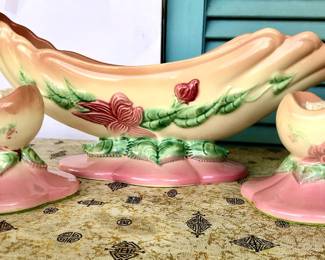 Hull Pottery Woodland Console Bowl (W29) and Candle Holders (W30), set of 3. Manufactured from 1949-1952