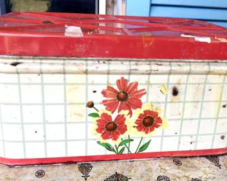 Vintage (prob 1940s) Nesco Kitchen Bread Box with Yellow and Red Flower Design and Red Lid, vent holes in the back; rusted and distressed on the bottom and some inside on bottom; definitely needs cleaning