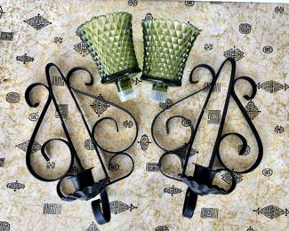 Vintage Avocado Green Diamond Cut Glass & Wrought Iron Gothic Spanish Candle Wall Sconces, set of 2