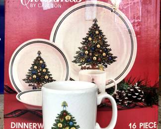 Christmas by Carlton 16 Piece Stoneware Dinnerware Set, White with Christmas Tree Design, 4 each of mugs, plates, saucers and bowls