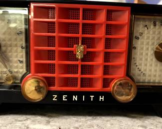 1956 Brown and Red Zenith Clock Radio, both work, lots of static but played a local station, cord definitely needs replacing