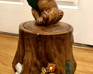 Vintage California Originals Cookie Jar 2020-1-2, Ceramic Squirrel on Tree Stump with Flowers and Mushroom Design