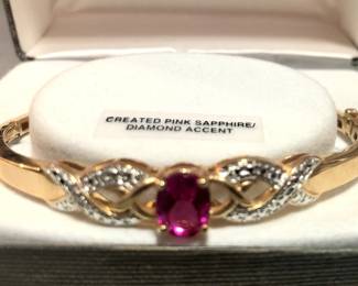 8k Gold over Sterling Silver Hinged Bangle Bracelet, Created Pink Sapphire with Diamond Accent