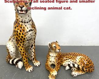 Lot 1800 2pc Italy Glazed Pottery Leopard Sculptures. Tall seated figure and smaller reclining animal cat. 