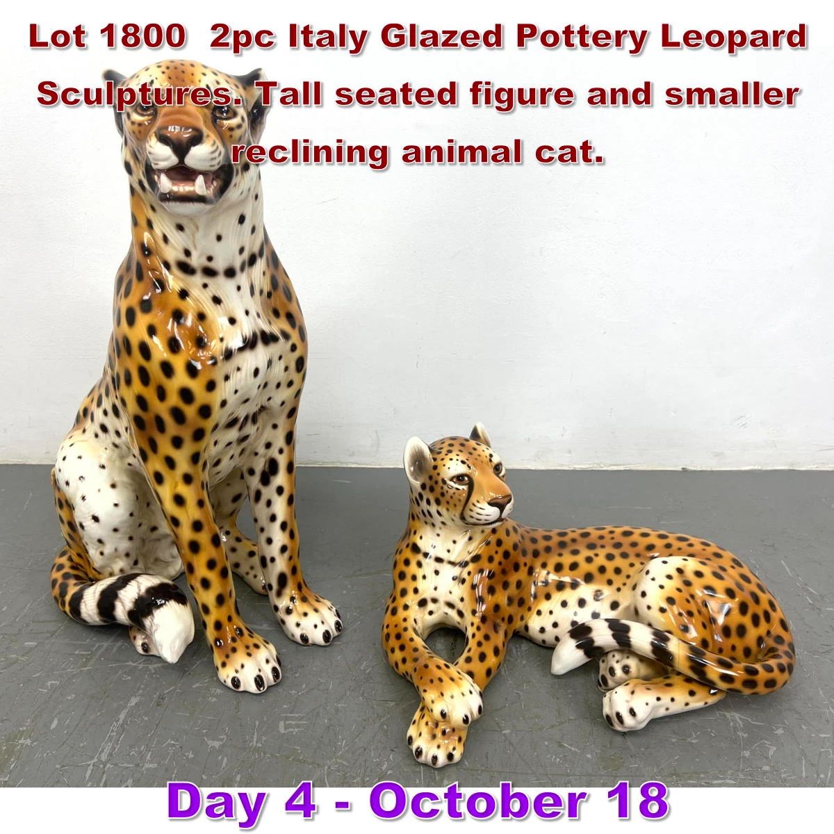 Lot 1800 2pc Italy Glazed Pottery Leopard Sculptures. Tall seated figure and smaller reclining animal cat. 