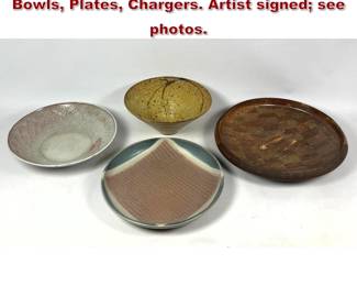 Lot 1827 4pc Mid Century Studio Ceramic Bowls, Plates, Chargers. Artist signed see photos. 