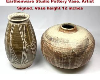 Lot 1834 2pcs Mid Century Glazed Earthenware Studio Pottery Vase. Artist Signed. Vase height 12 inches