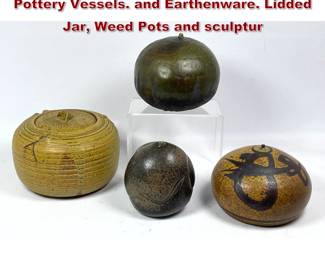 Lot 1839 4pc Mid Century American Studio Pottery Vessels. and Earthenware. Lidded Jar, Weed Pots and sculptur