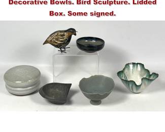 Lot 1843 6pc Collection Artisan Art Pottery. Decorative Bowls. Bird Sculpture. Lidded Box. Some signed. 