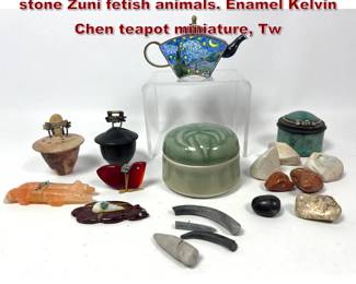 Lot 1848 Assorted Collectables Lot. Carved stone Zuni fetish animals. Enamel Kelvin Chen teapot miniature, Tw