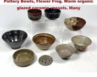 Lot 1857 9pc Mid Century Studio Artisan Pottery Bowls, Flower Frog. Warm organic glazed ceramic vessels. Many