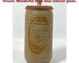 Lot 1872 Tall Cylindrical Lidded Art Pottery Vessel. Wonderful deep blue interior glaze. Artist s cipher. 
