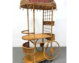 Lot 1884 Whimsical Rattan Rolling Bar Cart Server. 