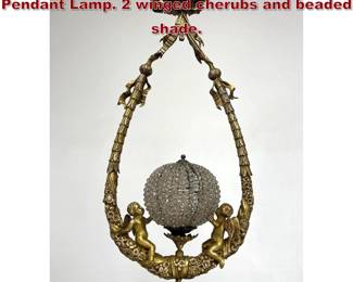 Lot 1899 Ornate Bronze Entry Chandelier Pendant Lamp. 2 winged cherubs and beaded shade. 