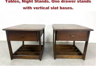 Lot 1912 Pr American Modern Walnut Side Tables, Night Stands. One drawer stands with vertical slat bases. 