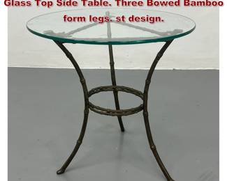 Lot 1939 Decorator Faux Bamboo Metal Glass Top Side Table. Three Bowed Bamboo form legs. st design.