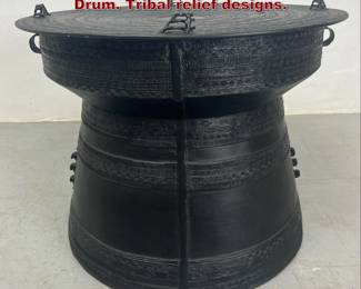Lot 1940 Contemporary Cast Metal Rain Drum. Tribal relief designs. 