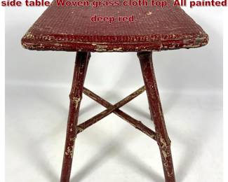 Lot 1959 Red Paint Finish Vintage Bamboo side table. Woven grass cloth top. All painted deep red. 