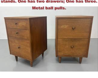 Lot 1976 2pc American Modern Walnut Night stands. One has two drawers One has three. Metal ball pulls. 