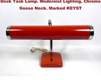 Lot 1979 Coral Red Enamel Tube form Shade Desk Task Lamp. Modernist Lighting. Chrome Goose Neck. Marked KEYST