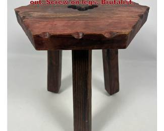 Lot 1983 French rustic pine stool with cut out. Screw on legs. Brutalist. 