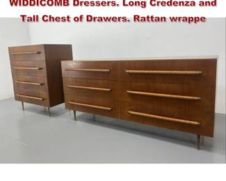 Lot 1988 2pc ROBSJOHN GIBBINGS for WIDDICOMB Dressers. Long Credenza and Tall Chest of Drawers. Rattan wrappe