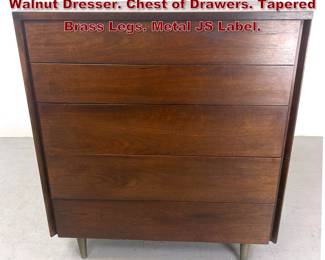 Lot 1996 JOHN STUART American Modern Walnut Dresser. Chest of Drawers. Tapered Brass Legs. Metal JS Label. 