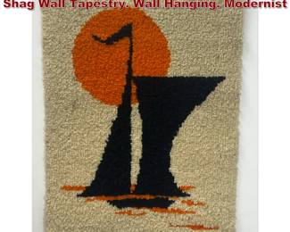 Lot 1995 Sailing Ship with Big Orange Sun Shag Wall Tapestry. Wall Hanging. Modernist