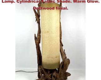 Lot 1998 Mid Century Modern Driftwood Lamp. Cylindrical Fabric Shade. Warm Glow. Driftwood finial. 