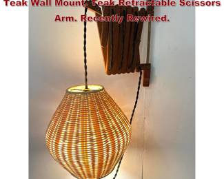 Lot 2005 Woven Wicker Shade Pendant on Teak Wall Mount. Teak Retractable Scissors Arm. Recently Rewired. 