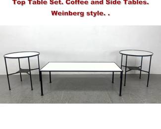 Lot 2008 3pc Black Metal Bases White Glass Top Table Set. Coffee and Side Tables. Weinberg style. . 