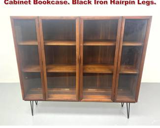 Lot 2011 Modernist Glass Door Display Cabinet Bookcase. Black Iron Hairpin Legs. 