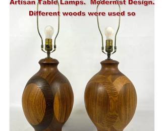 Lot 2032 Pr Laminated Turned Wood Studio Artisan Table Lamps. Modernist Design. Different woods were used so