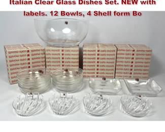 Lot 2043 19pc CARLO MORETTI Murano Italian Clear Glass Dishes Set. NEW with labels. 12 Bowls, 4 Shell form Bo