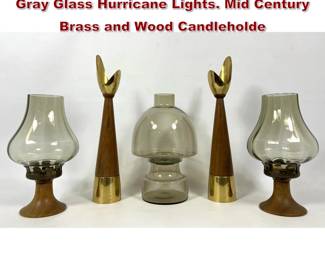 Lot 2047 Danish Modern Scandinavian Teak, Gray Glass Hurricane Lights. Mid Century Brass and Wood Candleholde