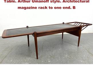 Lot 2060 Walnut American Modern Coffee Table. Arthur Umanoff style. Architectural magazine rack to one end. B