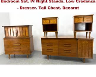 Lot 2062 4pc American Modern Walnut Bedroom Set. Pr Night Stands. Low Credenza Dresser. Tall Chest. Decorat