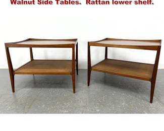 Lot 2078 Pair Heritage Mid Century Modern Walnut Side Tables. Rattan lower shelf. 