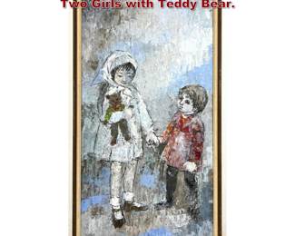 Lot 2086 HILDA RUBIN painting on Masonite. Two Girls with Teddy Bear. 