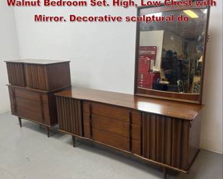 Lot 2121 3pc UNITED American Modern Walnut Bedroom Set. High, Low Chest with Mirror. Decorative sculptural do