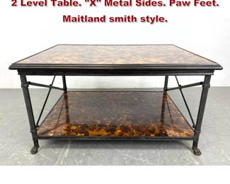 Lot 2165 Decorator Crackled Faux Tortoise 2 Level Table. X Metal Sides. Paw Feet. Maitland smith style. 