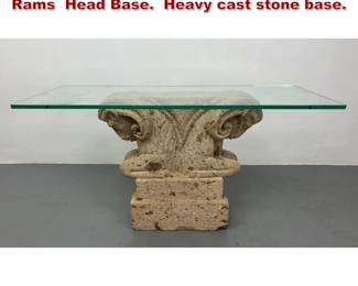 Lot 2169 Glass Top Console Table. Double Rams Head Base. Heavy cast stone base. 