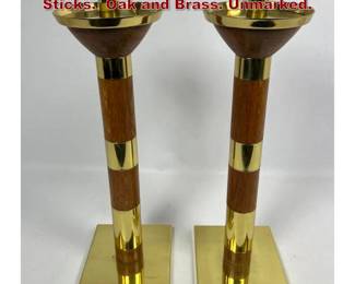 Lot 2174 Pair Gabriela Crespi Style Candle Sticks. Oak and Brass. Unmarked.