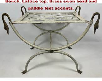 Lot 2176 Painted Finish Swan Head Metal Bench. Lattice top. Brass swan head and paddle feet accents. 