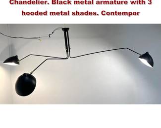 Lot 2193 Serge Mouille style 3 Pendant Chandelier. Black metal armature with 3 hooded metal shades. Contempor
