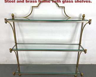 Lot 2200 Decorator Jansen Style Wall Shelf. Steel and brass frame with glass shelves. 