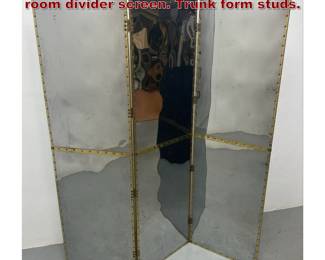 Lot 2201 Chrome and brass trim 3 panel room divider screen. Trunk form studs. 