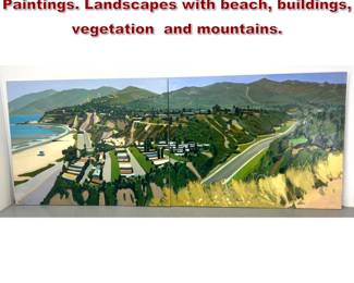 Lot 2229 Large 2pc Coastal Triptych Paintings. Landscapes with beach, buildings, vegetation and mountains. 