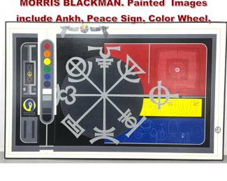 Lot 2233 Modernist Abstract Painting. MORRIS BLACKMAN. Painted Images include Ankh, Peace Sign, Color Wheel,